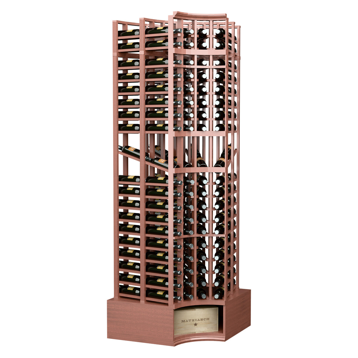 Red wood 8ft curved-corner double-deep wine display rack with 4 columns, slight angle