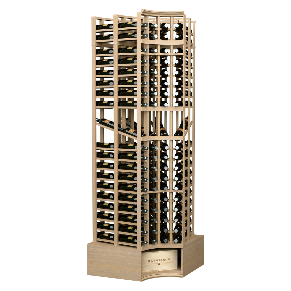 Light wood 8ft curved-corner double-deep wine display rack with 4 columns, front view