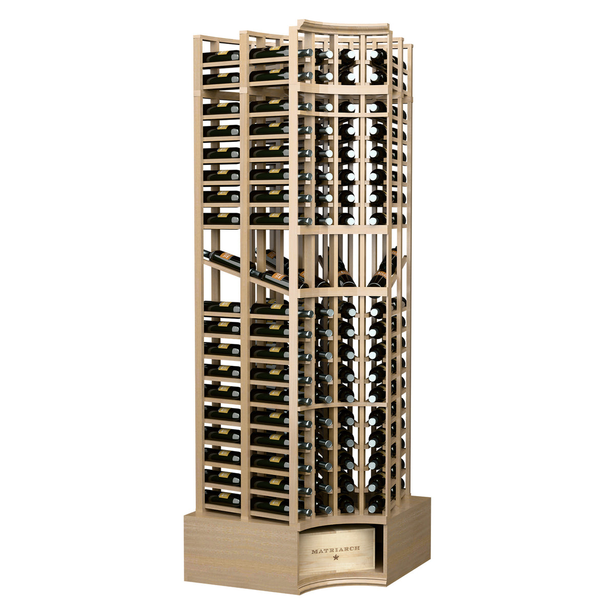 Light wood 8ft curved-corner double-deep wine display rack with 4 columns, slight angle