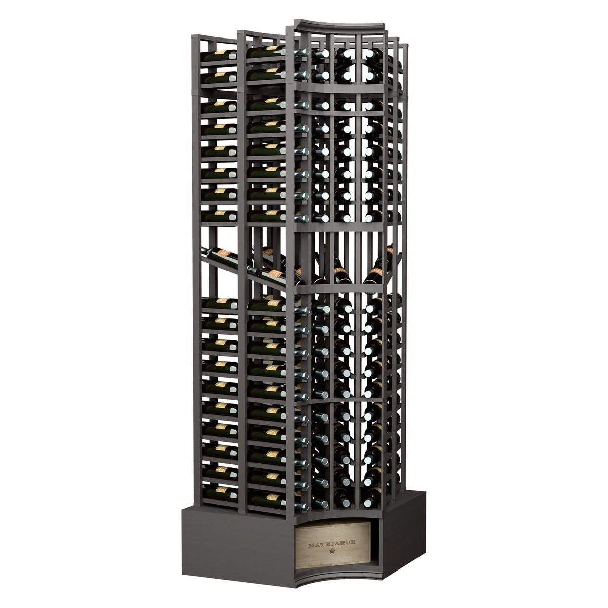 Black 8ft curved-corner double-deep wine display rack with 4 columns, front view