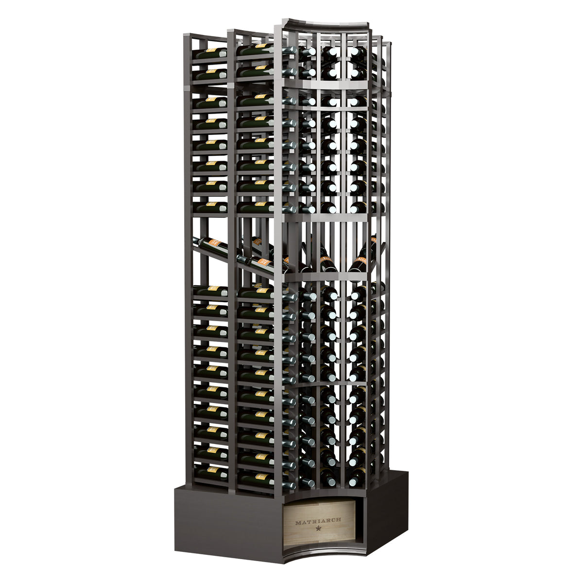 Black 8ft curved-corner double-deep wine display rack with 4 columns, slight angle