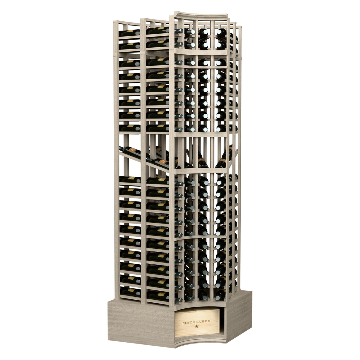 White-wash wooden wine display rack with curved corner, multiple bottle slots