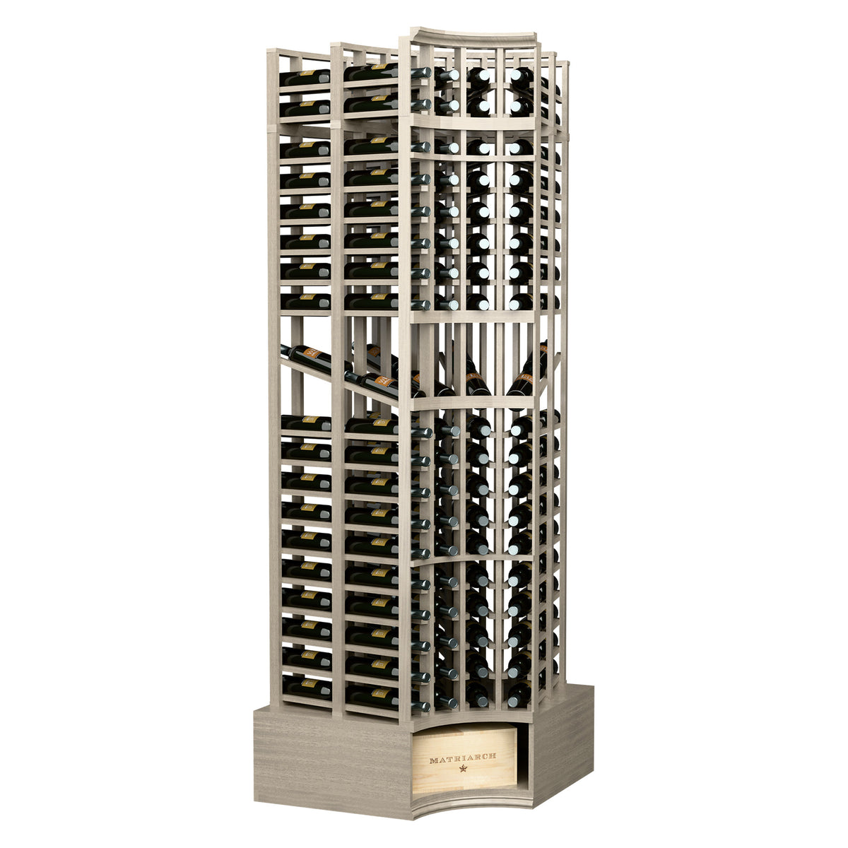 White-wash 4-column wine display rack with curved corner wine bottle storage