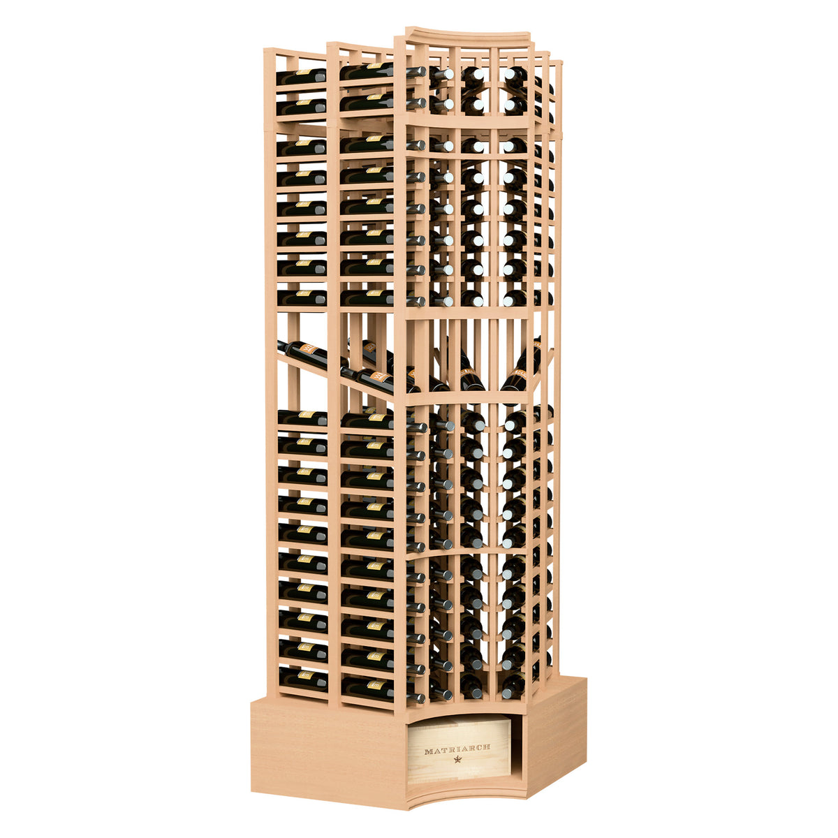Light wood wine display rack with curved corner and multiple bottle holders