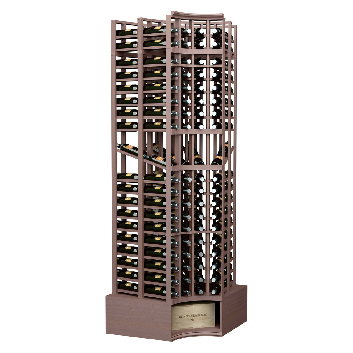 Dark-stained wooden wine display rack with curved corner and multiple bottle slots