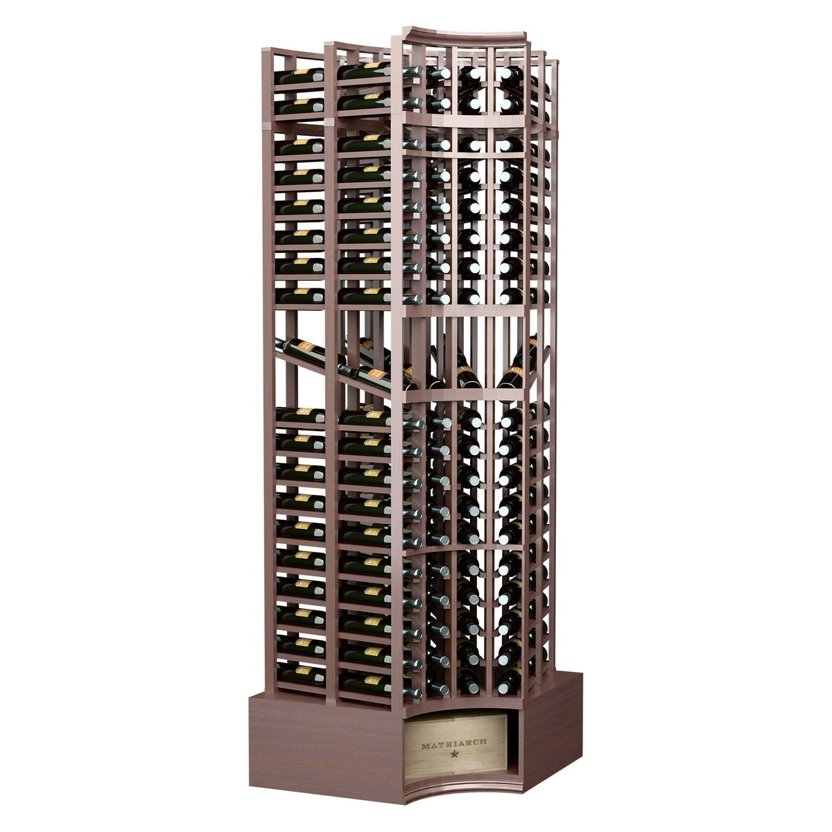 Espresso-toned 4-column wine display rack with curved corner, bottle storage