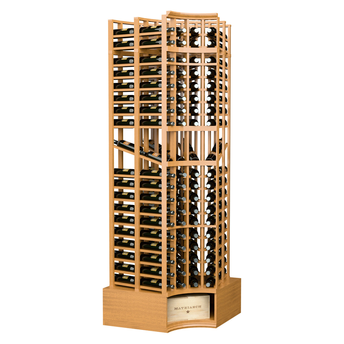 Light wood 4-column wine display rack with curved corner, showing bottle grid