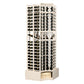 White-wash wooden wine display rack with curved corner, front view of bottle rows