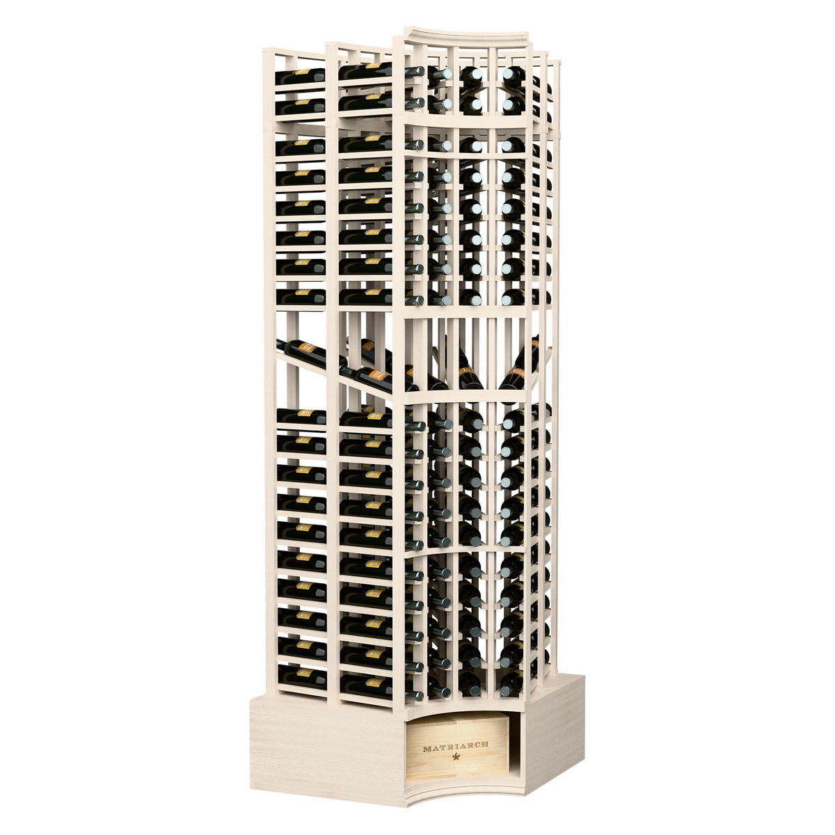White-wash wooden wine display rack with curved corner, front view of bottle rows