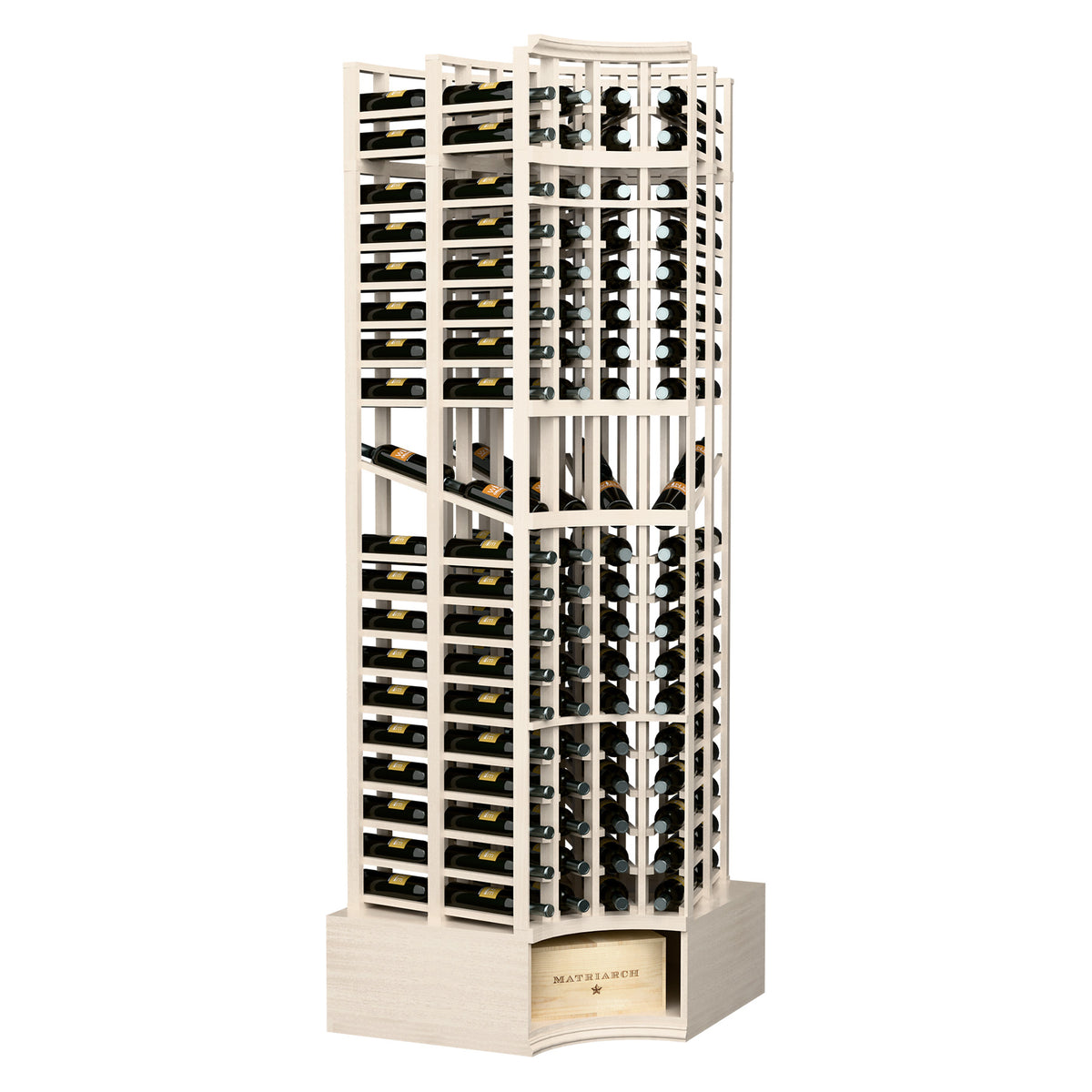 White-wash 4-column wine display rack with curved corner, multiple bottle openings