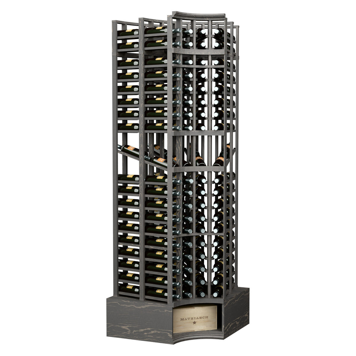 8FT curved corner wine rack with double-deep bottle storage, dark stained wood