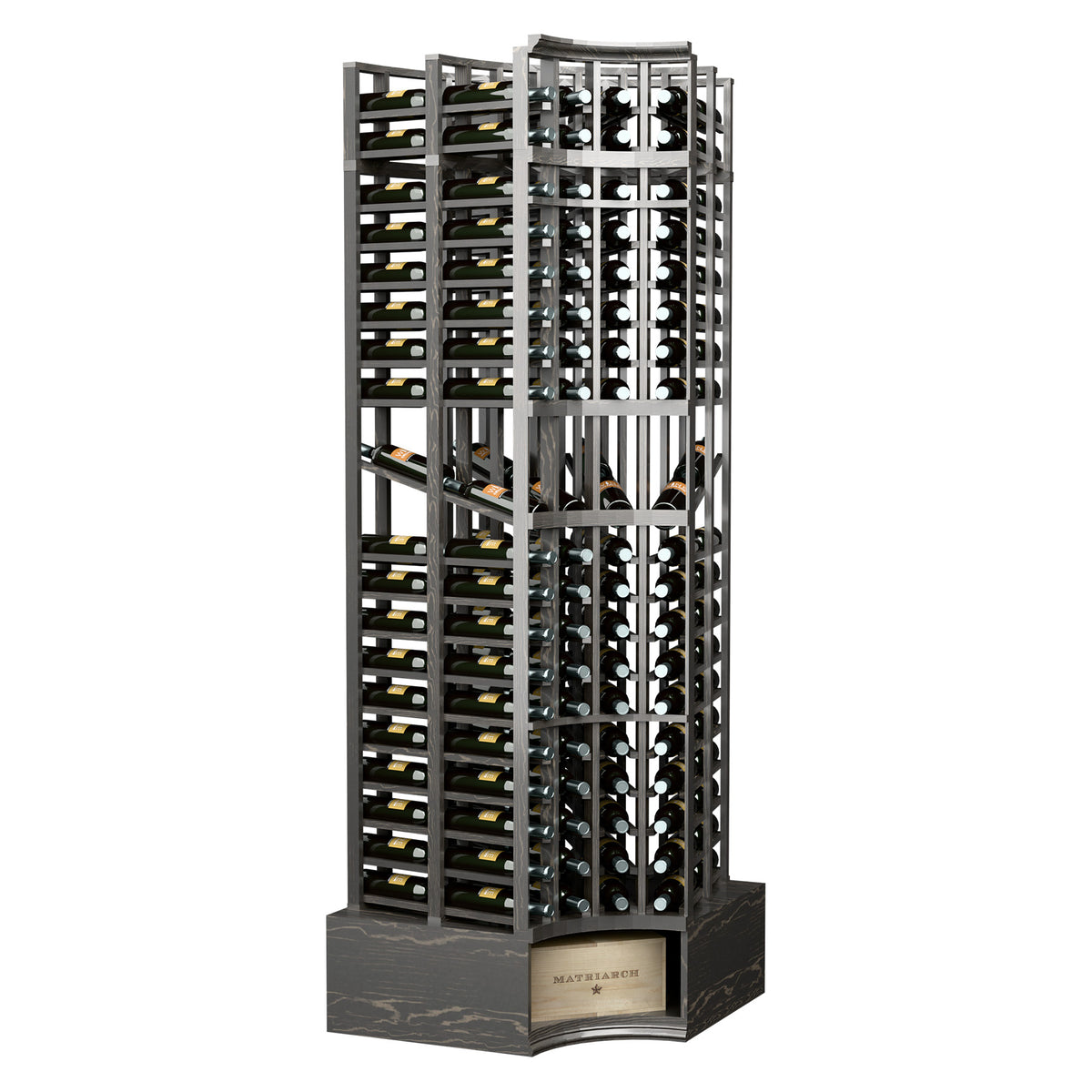 8FT curved corner wine rack with double-deep bottle slots, dark stained wood