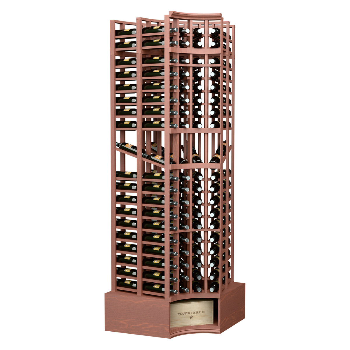8FT curved corner wine rack with double-deep bottle storage, reddish-brown stained wood