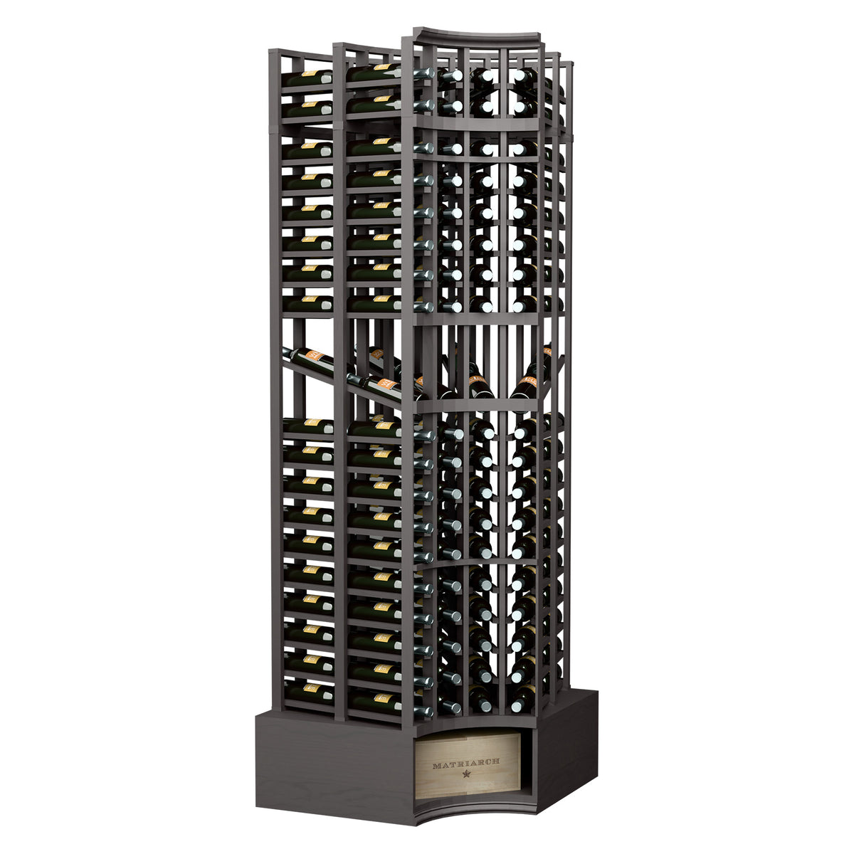 8FT curved corner wine rack with double-deep bottle storage, dark charcoal stained wood