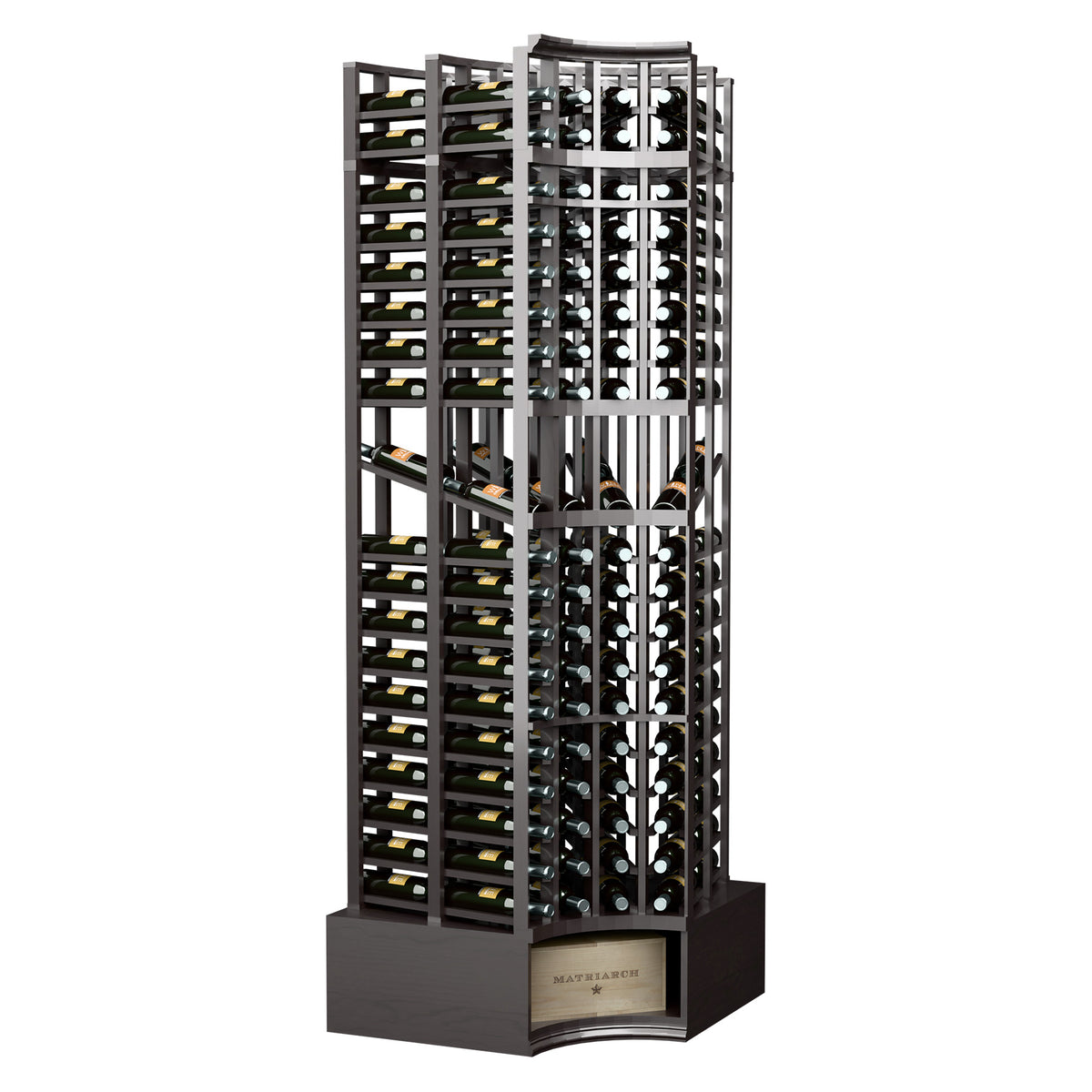 8FT curved corner wine rack with double-deep bottle storage, dark stained wood and slatted frame
