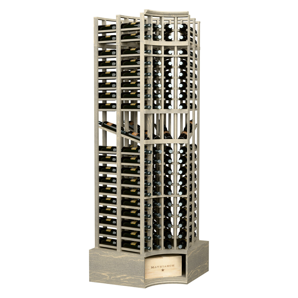 Curved-corner wine display rack with dark frame and gray base, double-deep bottle slots