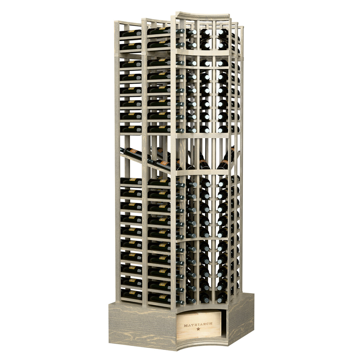 Curved-corner wine display rack with dark frame and gray base, double-deep bottle slots