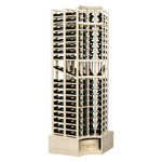 Curved-corner wine display rack with natural wood finish and double-deep bottle slots