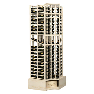 Curved-corner wine display rack with natural wood finish and double-deep bottle slots