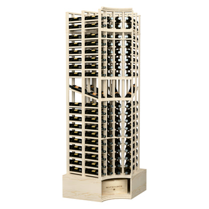Curved-corner wine display rack with natural wood finish and double-deep bottle slots