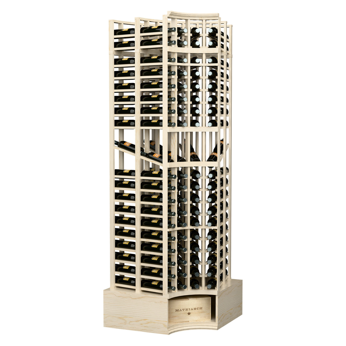 Curved-corner wine display rack with light wood finish and double-deep bottle slots