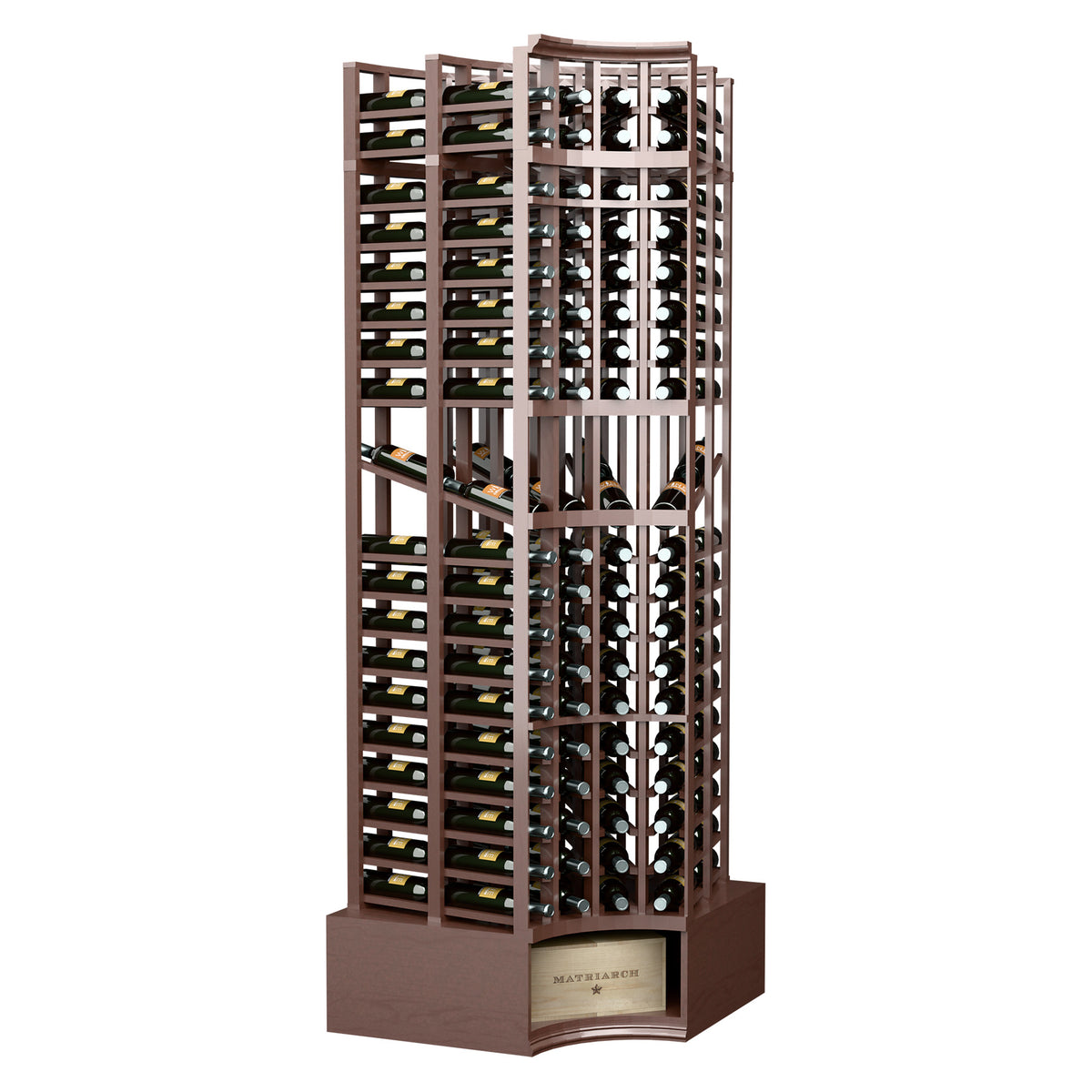 Curved-corner wine display rack with dark brown frame and double-deep bottle slots