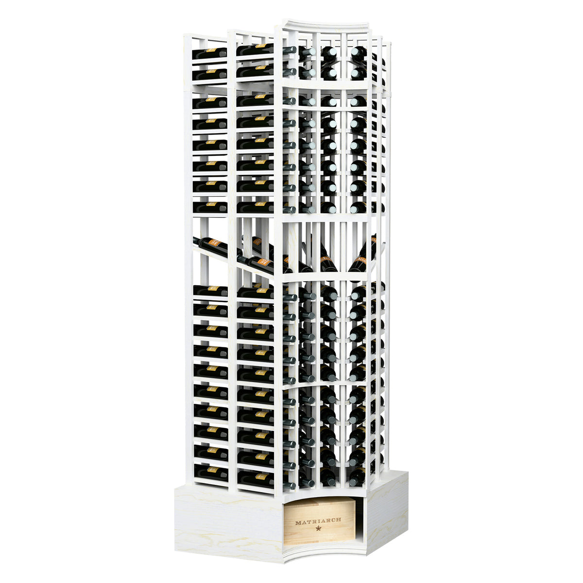 Curved-corner wine display rack with whitewashed frame and double-deep bottle slots
