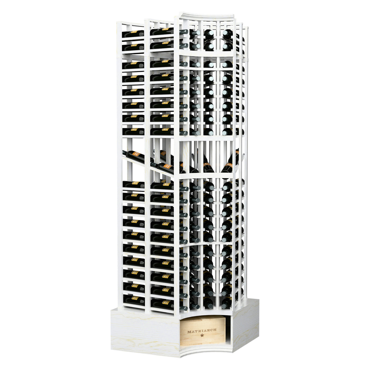 Curved-corner wine display rack with whitewashed frame and double-deep bottle slots
