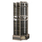 Dark wood wine bottle display rack with curved corner, double-deep shelves