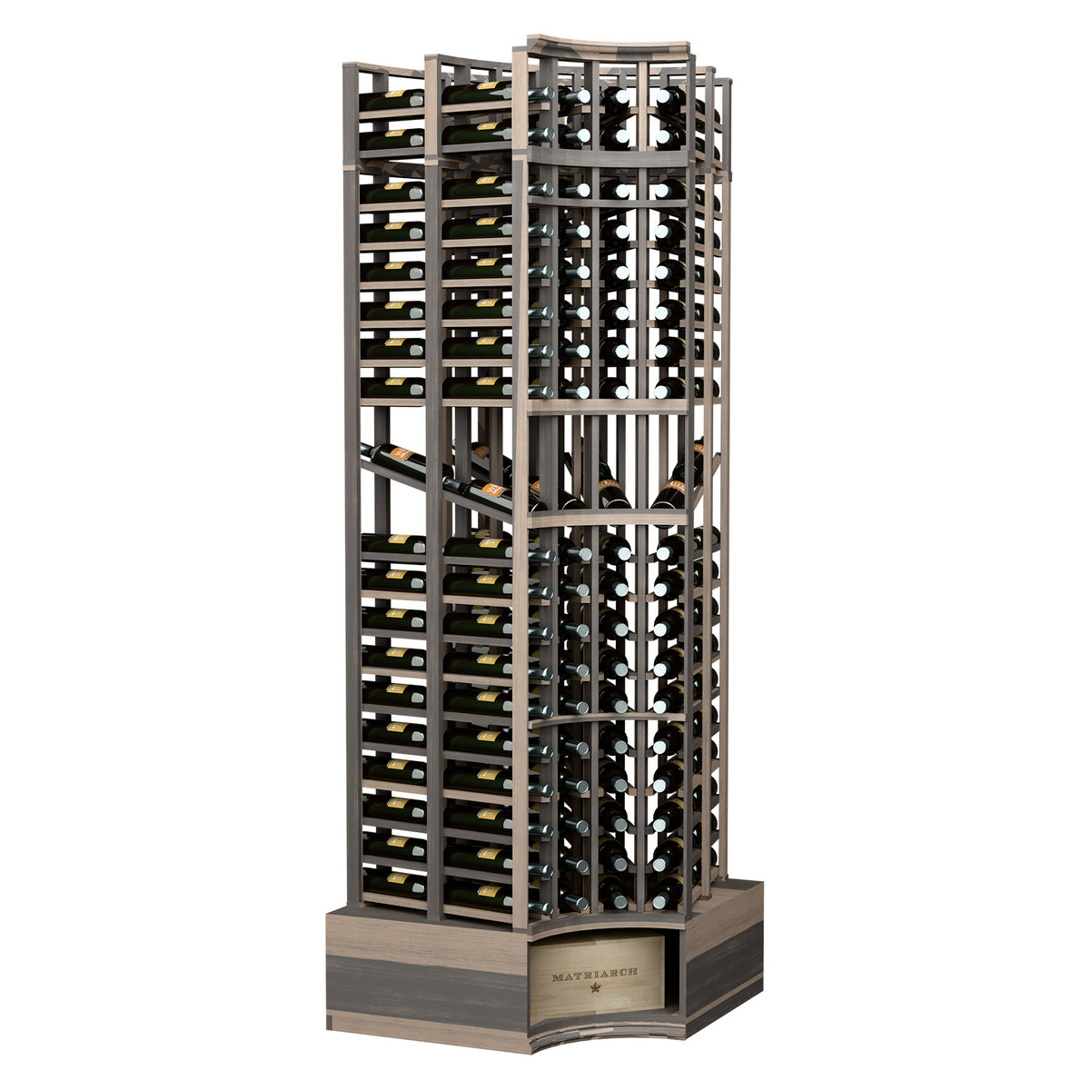 Dark wood wine bottle display rack with curved corner, double-deep shelves