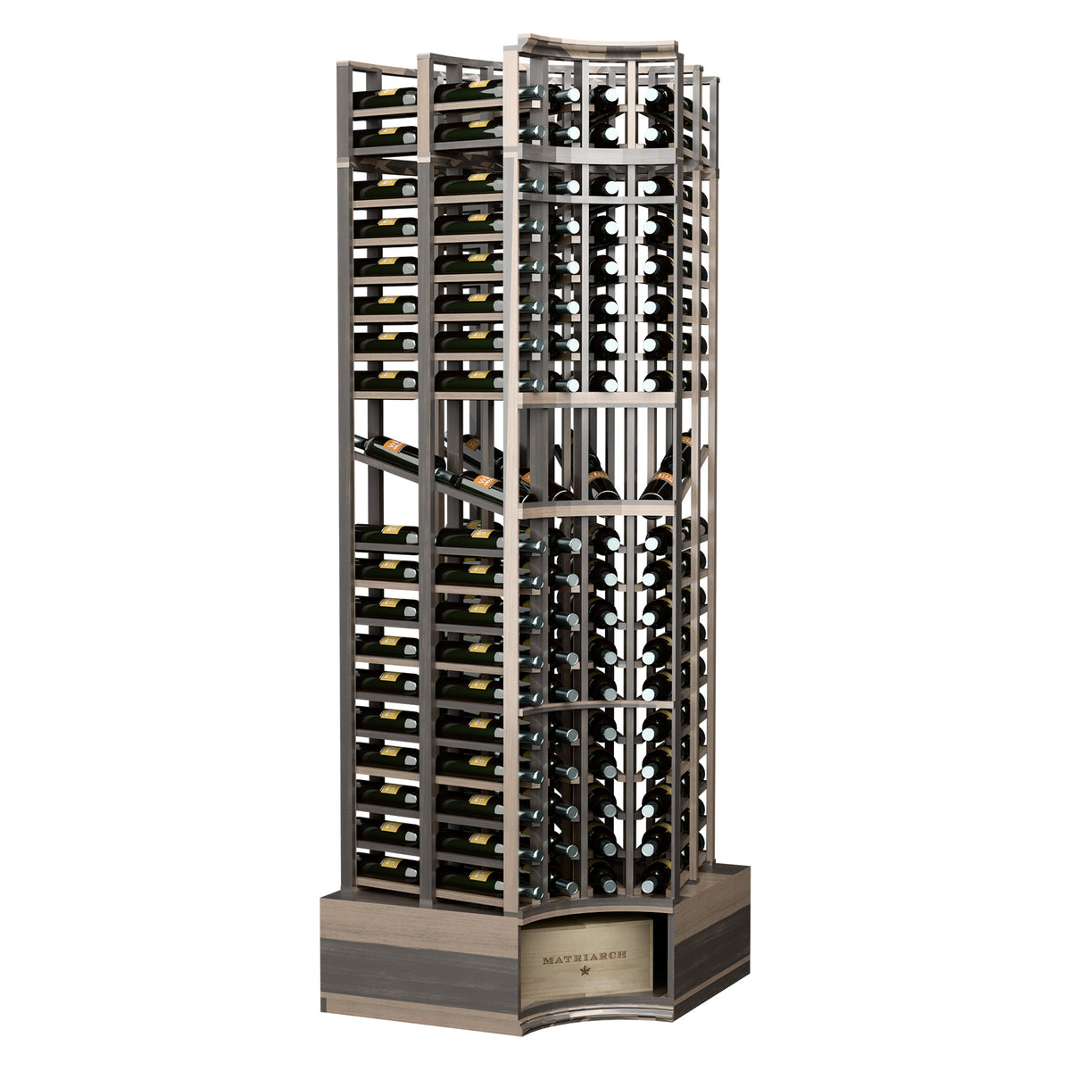 Dark wood wine bottle display rack with curved corner, double-deep shelves