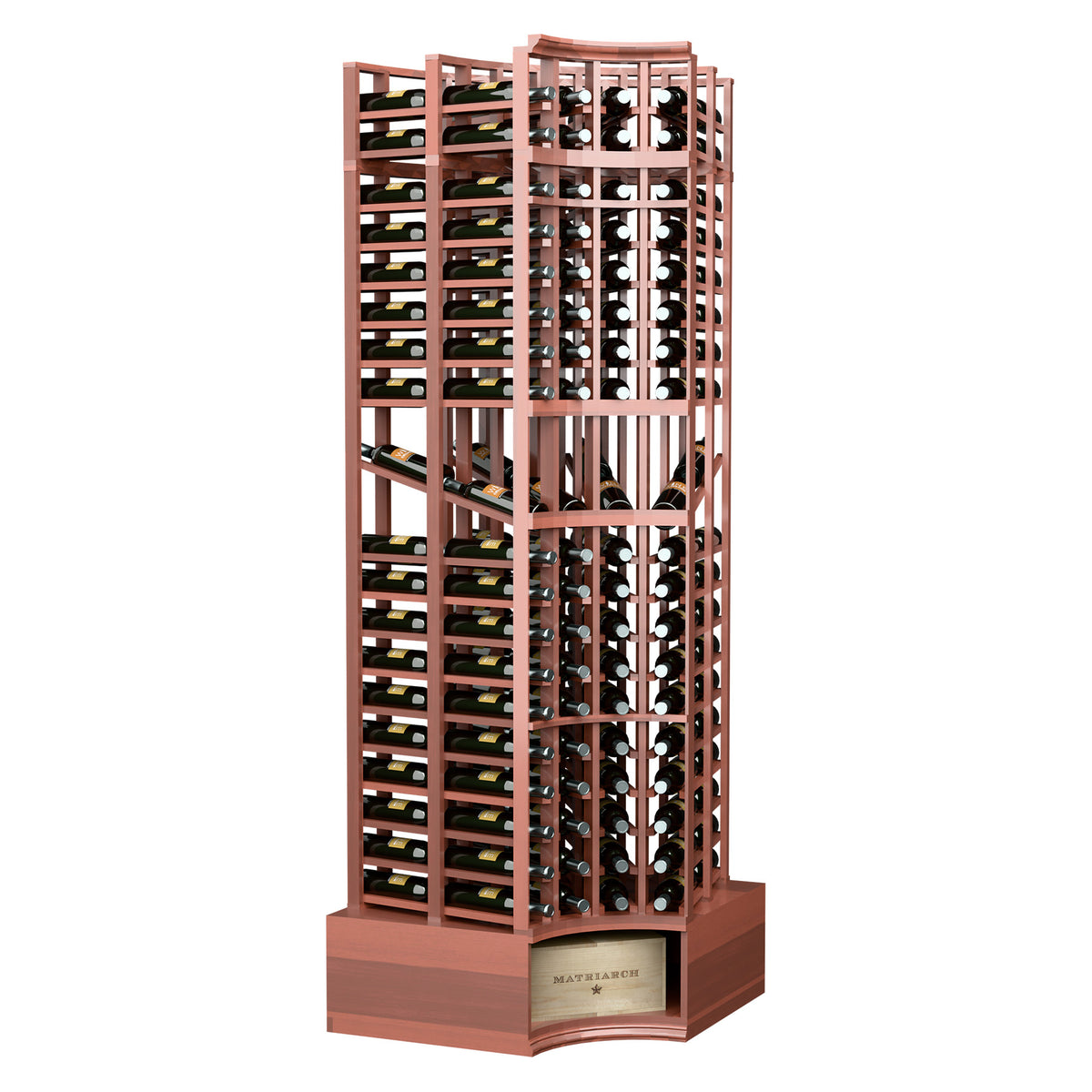Red-brown wood wine bottle display rack with curved corner, double-deep shelves