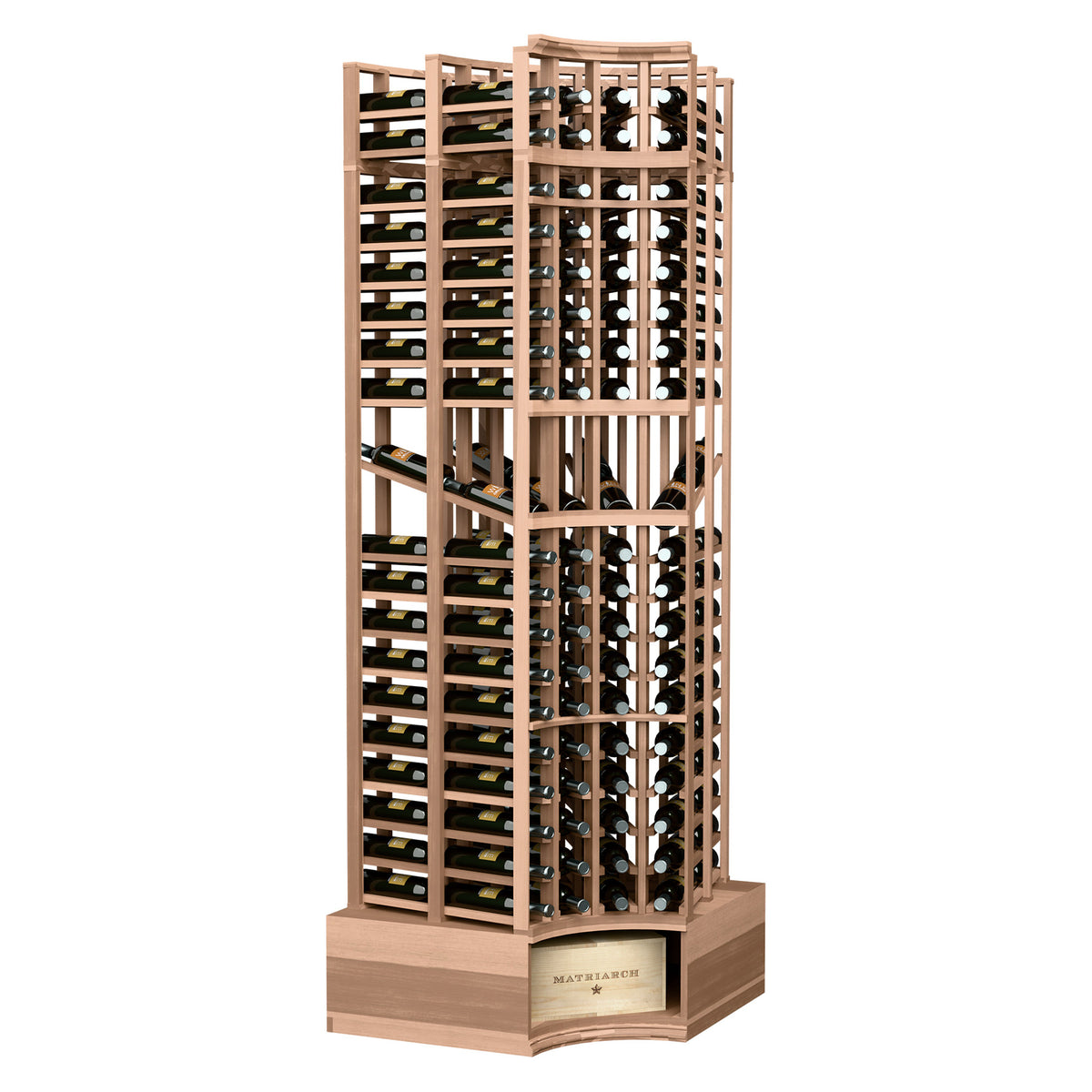 Light wood wine bottle display rack with curved corner, double-deep shelves