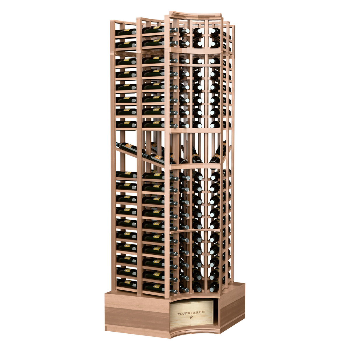 Light wood wine bottle display rack with curved corner, double-deep shelves