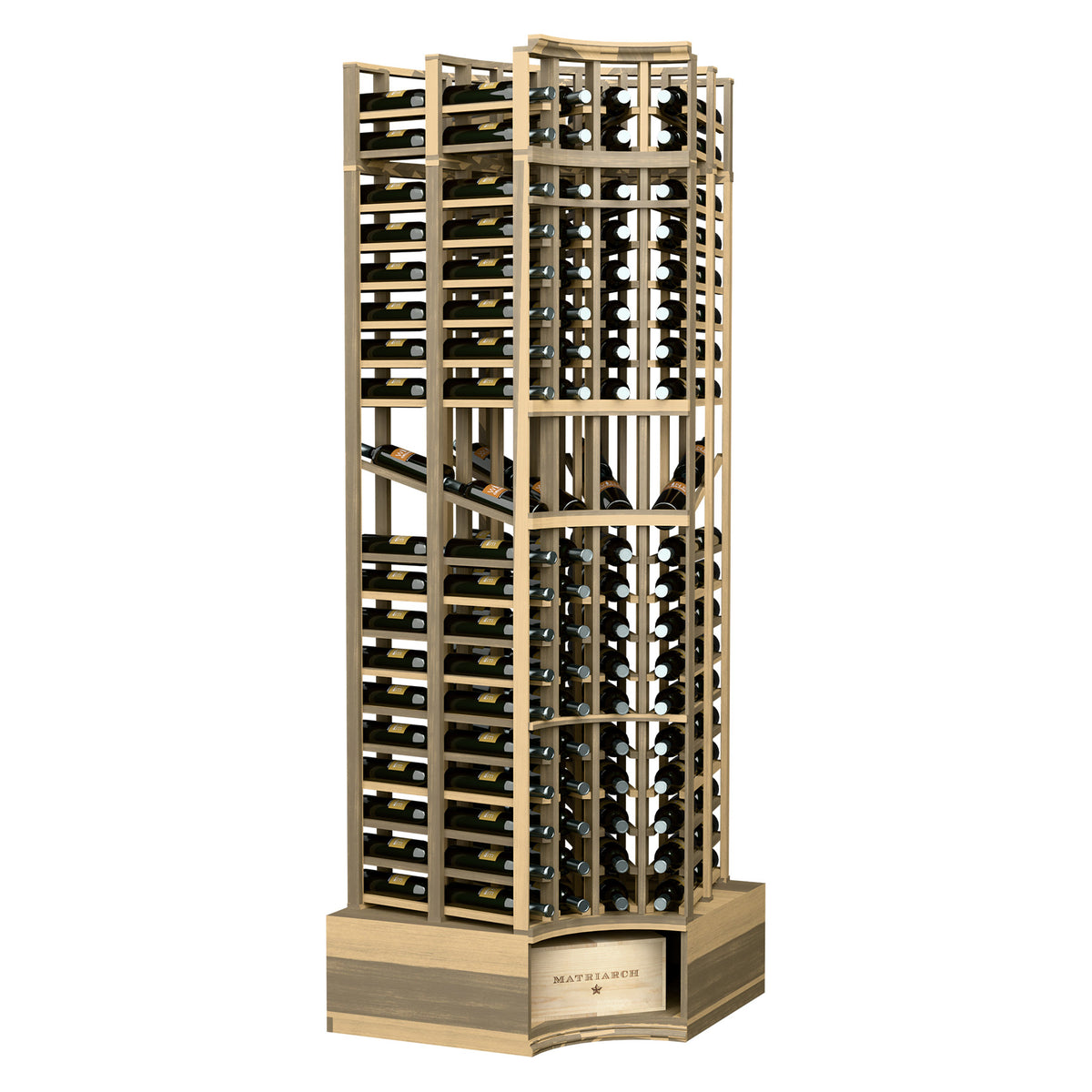 Golden-brown wood wine bottle display rack with curved corner, double-deep shelves