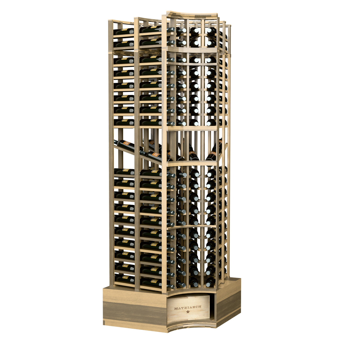 Golden-brown wood wine bottle display rack with curved corner, double-deep shelves