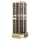 Dark wood curved corner wine bottle rack with double-deep bottle slots