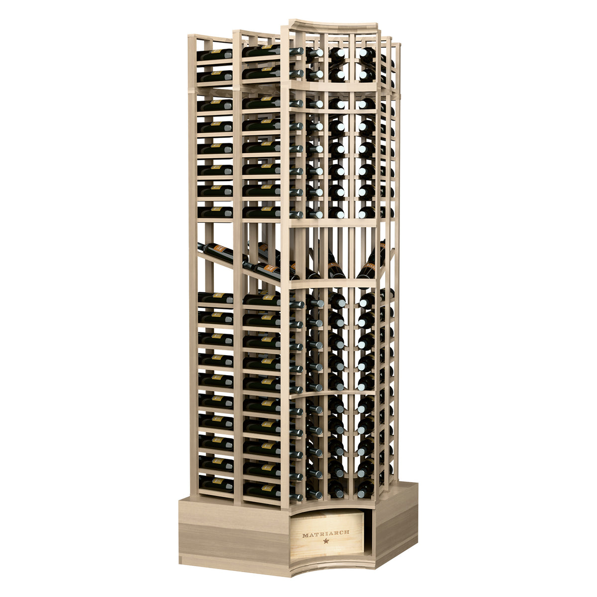 Dark wood curved corner wine bottle rack with double-deep bottle slots