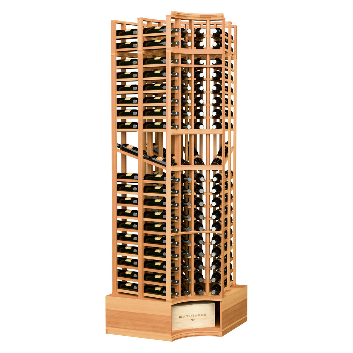 Natural wood wine bottle display rack with curved corner and double-deep rows