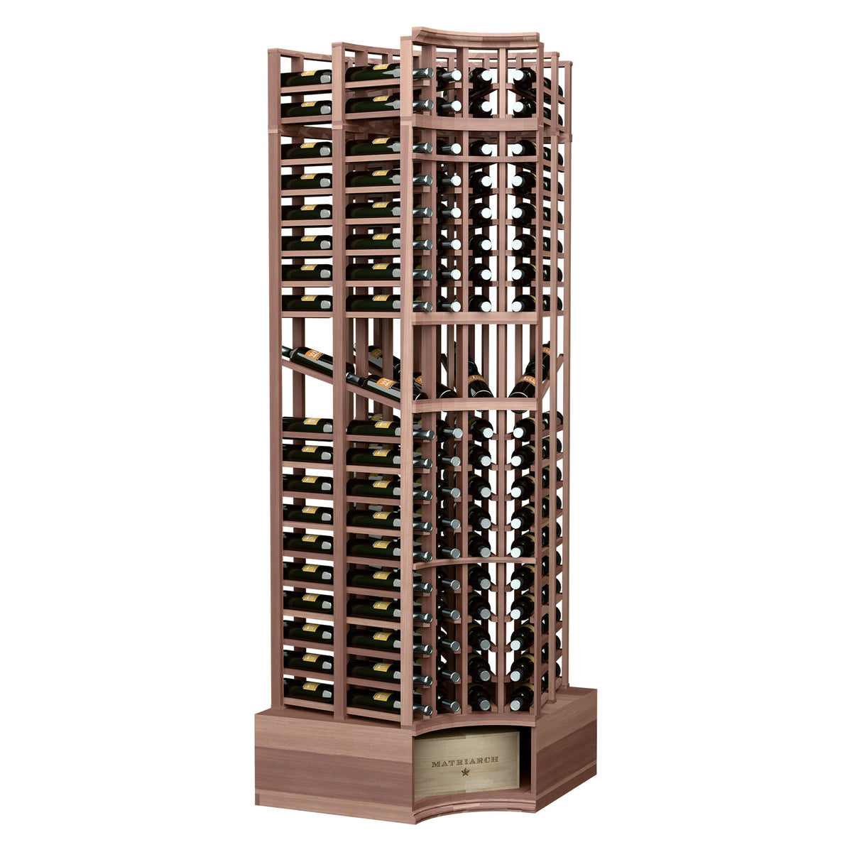 Espresso-toned wood wine bottle display rack with curved corner and double-deep slots