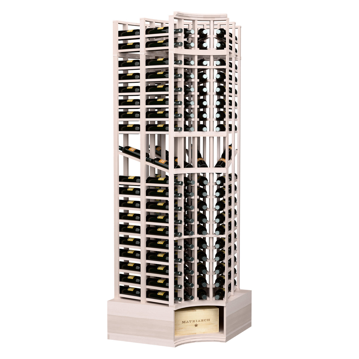 Light gray wood wine bottle display rack with curved corner and double-deep storage