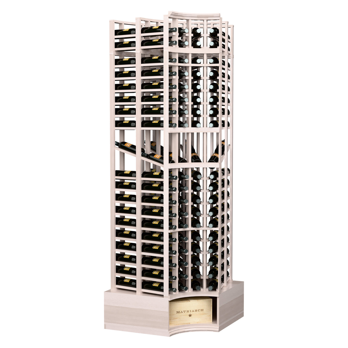 Light gray curved corner wine bottle rack with double-deep bottle storage rows