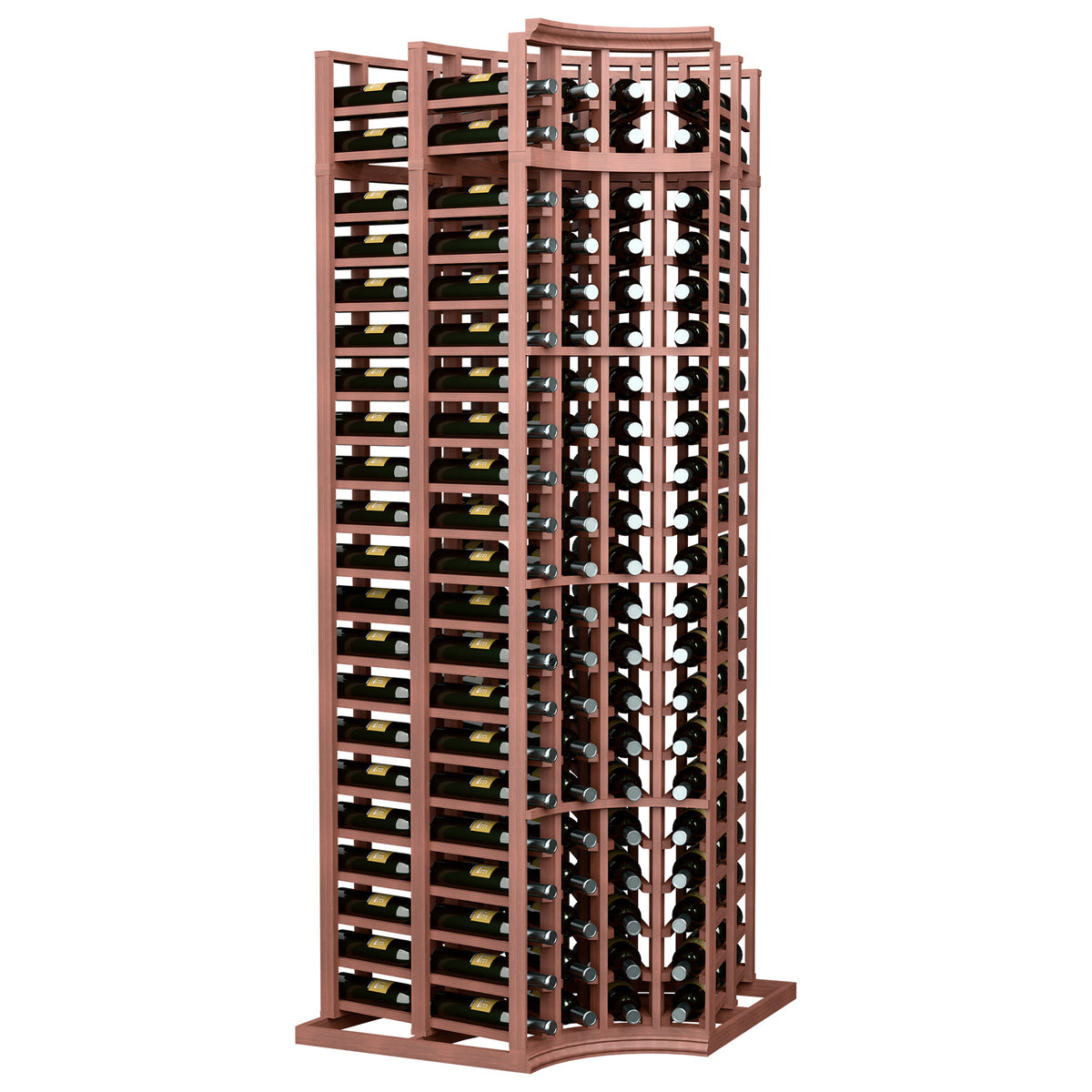 Red-brown 4-column curved corner double-deep wine bottle rack, 7 ft.