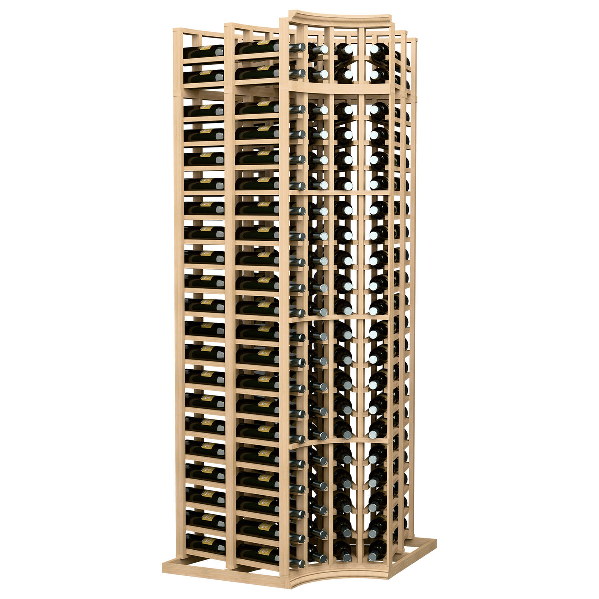 Light wood 4-column curved corner double-deep wine bottle rack, 7 ft.