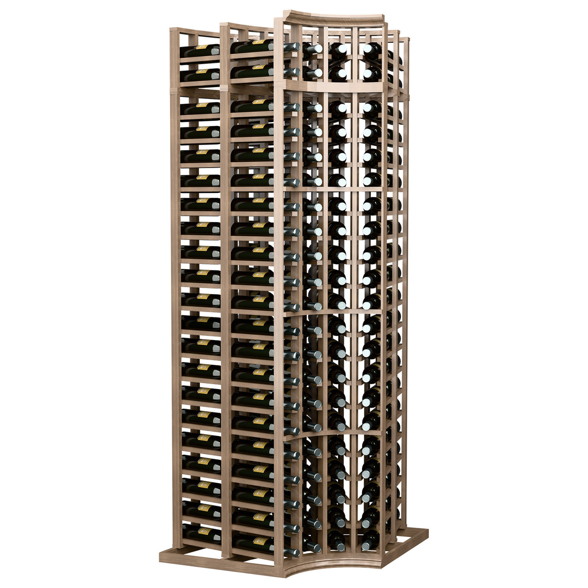Double-deep wine bottle rack with curved corner, 4 columns, 7 ft, natural wood.