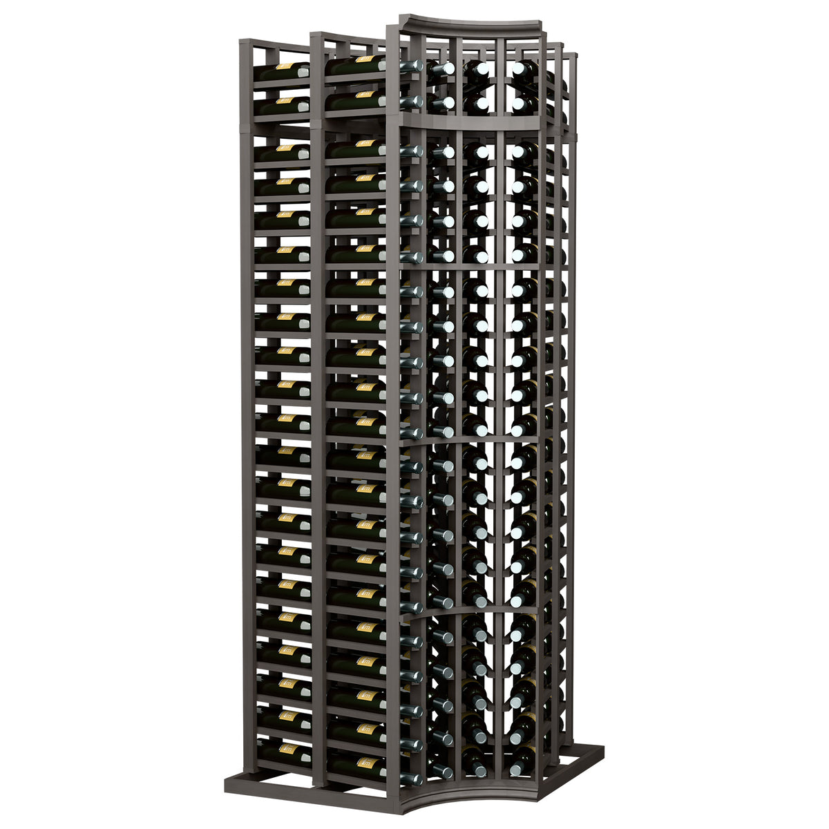 Dark gray 4-column curved corner double-deep wine bottle rack, 7 ft, tall unit.