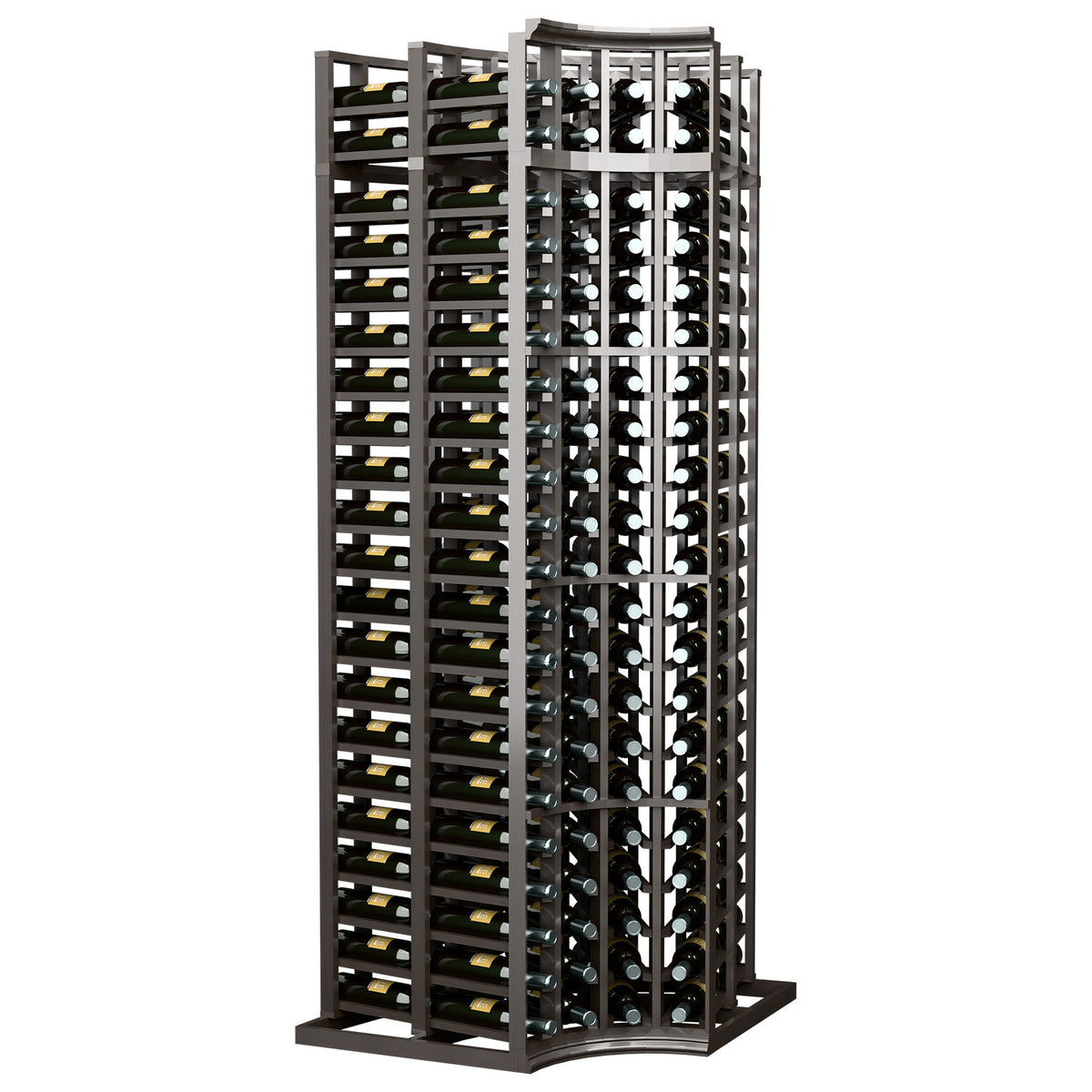 Curved corner double-deep wine bottle rack, 4 columns, 7 ft, dark gray stand.