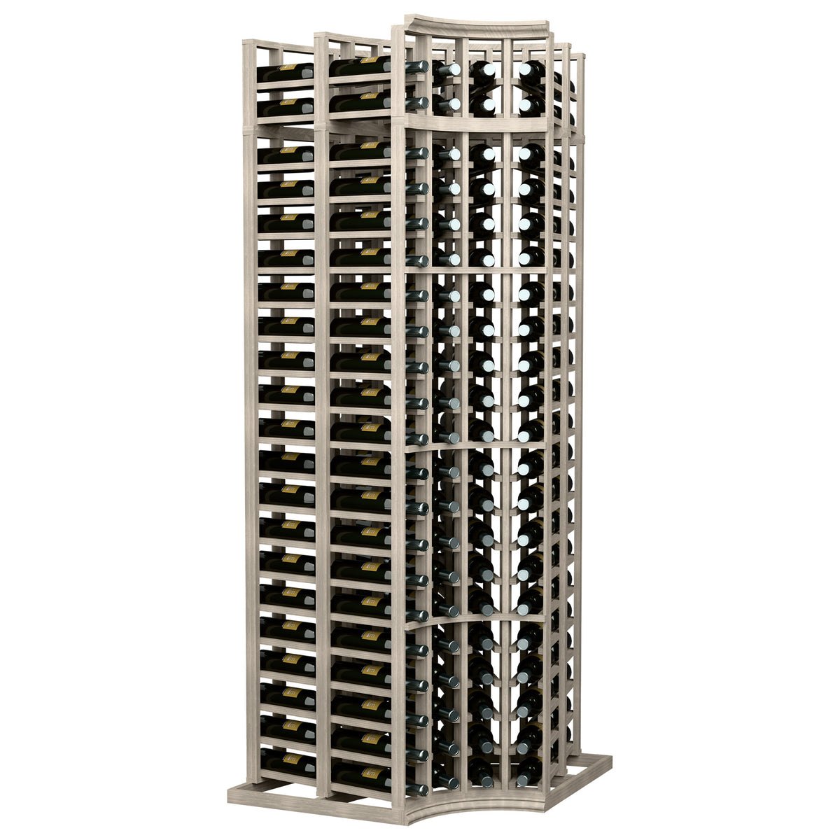4-column double-deep curved corner wine bottle rack, light grey frame, rows of bottles
