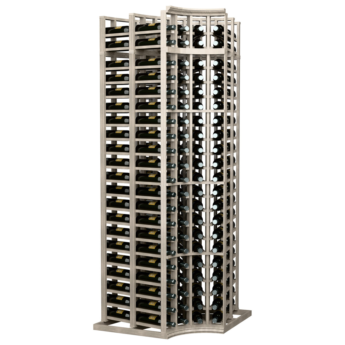 4-column double-deep curved corner wine bottle rack, light grey frame, black bottle holders