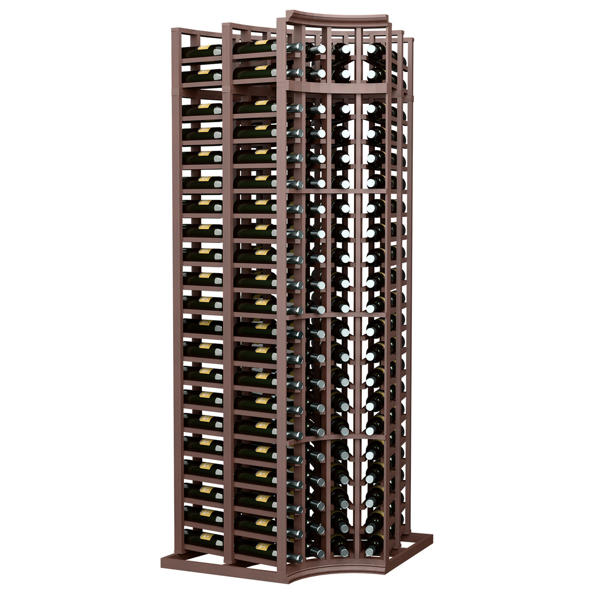 4-column double-deep curved corner wine bottle rack, dark brown frame, rows of bottles